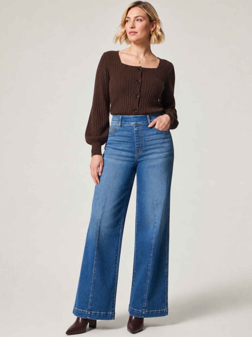 Spanx Shape Seamed Front Wide Leg Jeans Vintage Indigo Size XS Petite